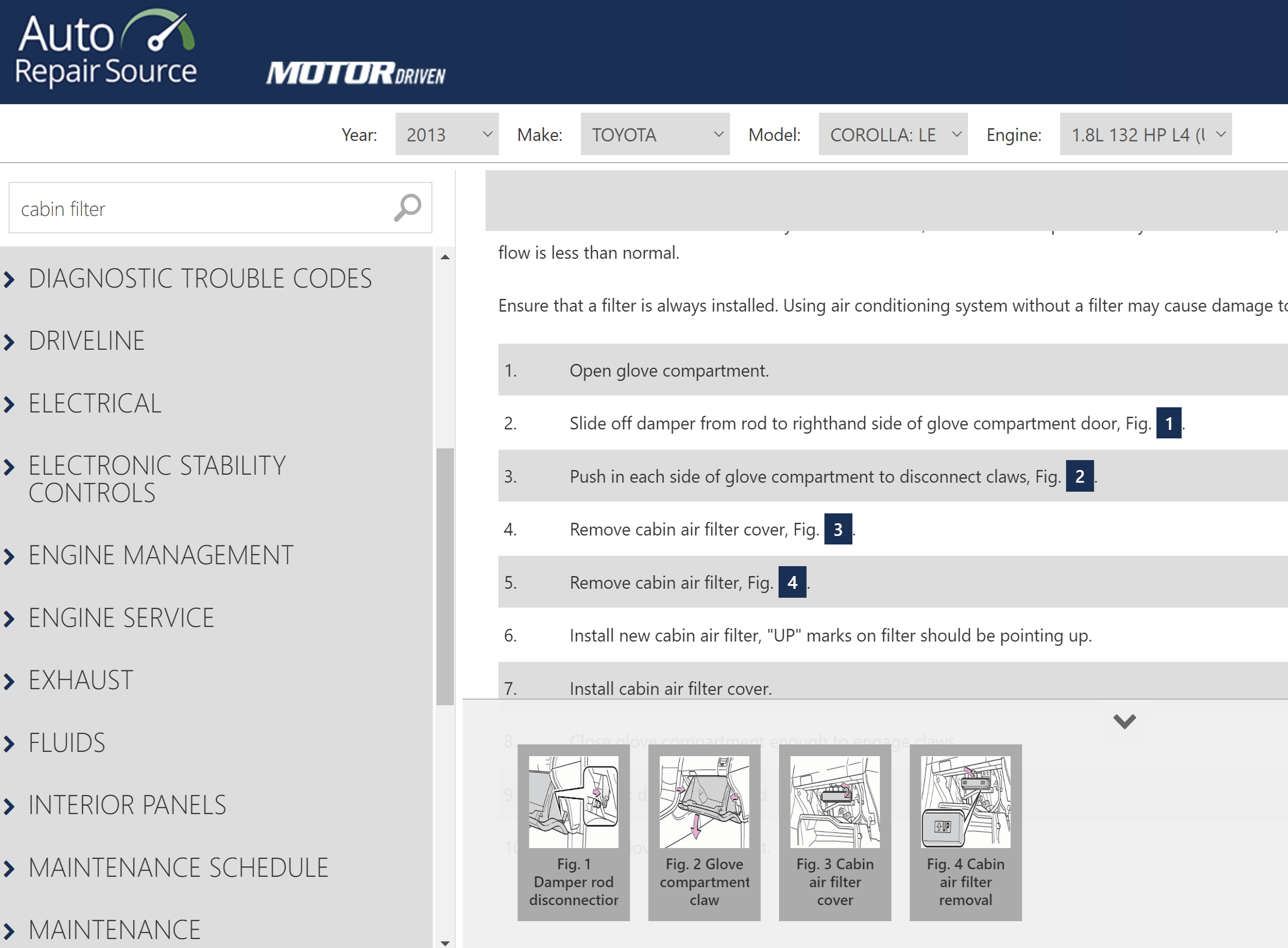 Screenshot of the database with air filter replacement instructions